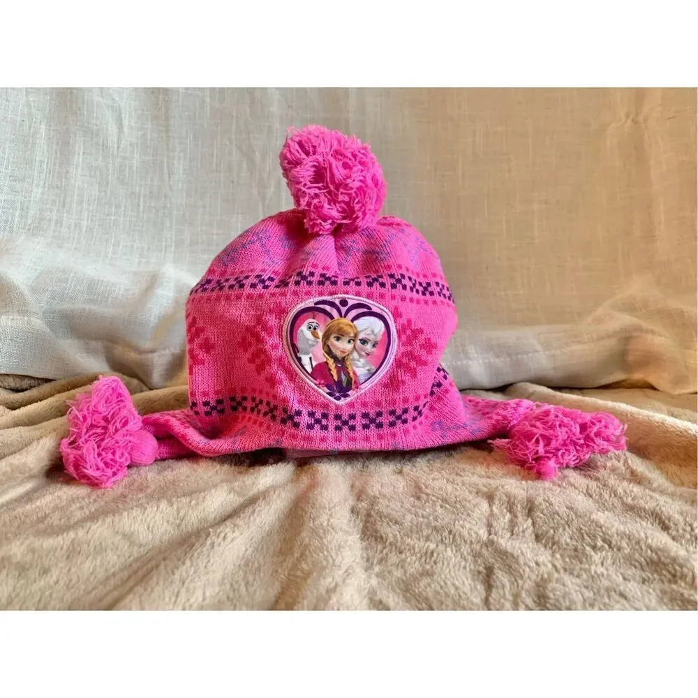 Disney Frozen Knit Pom Beanie Kids Pink Princess Winter Hat Elsa and Anna Nordic